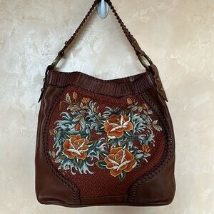 Isabella Fiore Brown Leather Shoulder Bag with Orange Rose Embroidery
